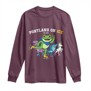 Portland On Ice 2025 Long Sleeve Shirt Resist Frog and Inflatable Animals Protest Sarcastic Politics TS02 Maroon Print Your Wear