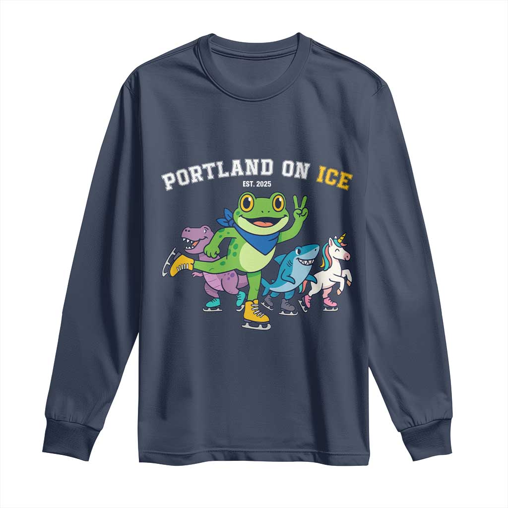 Portland On Ice 2025 Long Sleeve Shirt Resist Frog and Inflatable Animals Protest Sarcastic Politics TS02 Navy Print Your Wear