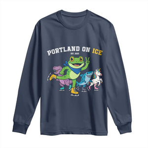 Portland On Ice 2025 Long Sleeve Shirt Resist Frog and Inflatable Animals Protest Sarcastic Politics TS02 Navy Print Your Wear