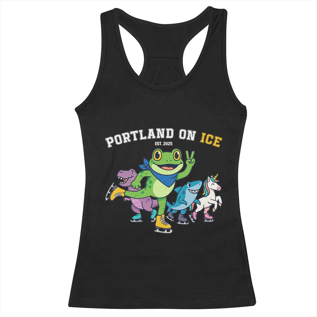 Portland On Ice 2025 Racerback Tank Top Resist Frog and Inflatable Animals Protest Sarcastic Politics TS02 Black Print Your Wear