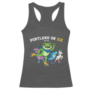 Portland On Ice 2025 Racerback Tank Top Resist Frog and Inflatable Animals Protest Sarcastic Politics TS02 Dark Heather Print Your Wear