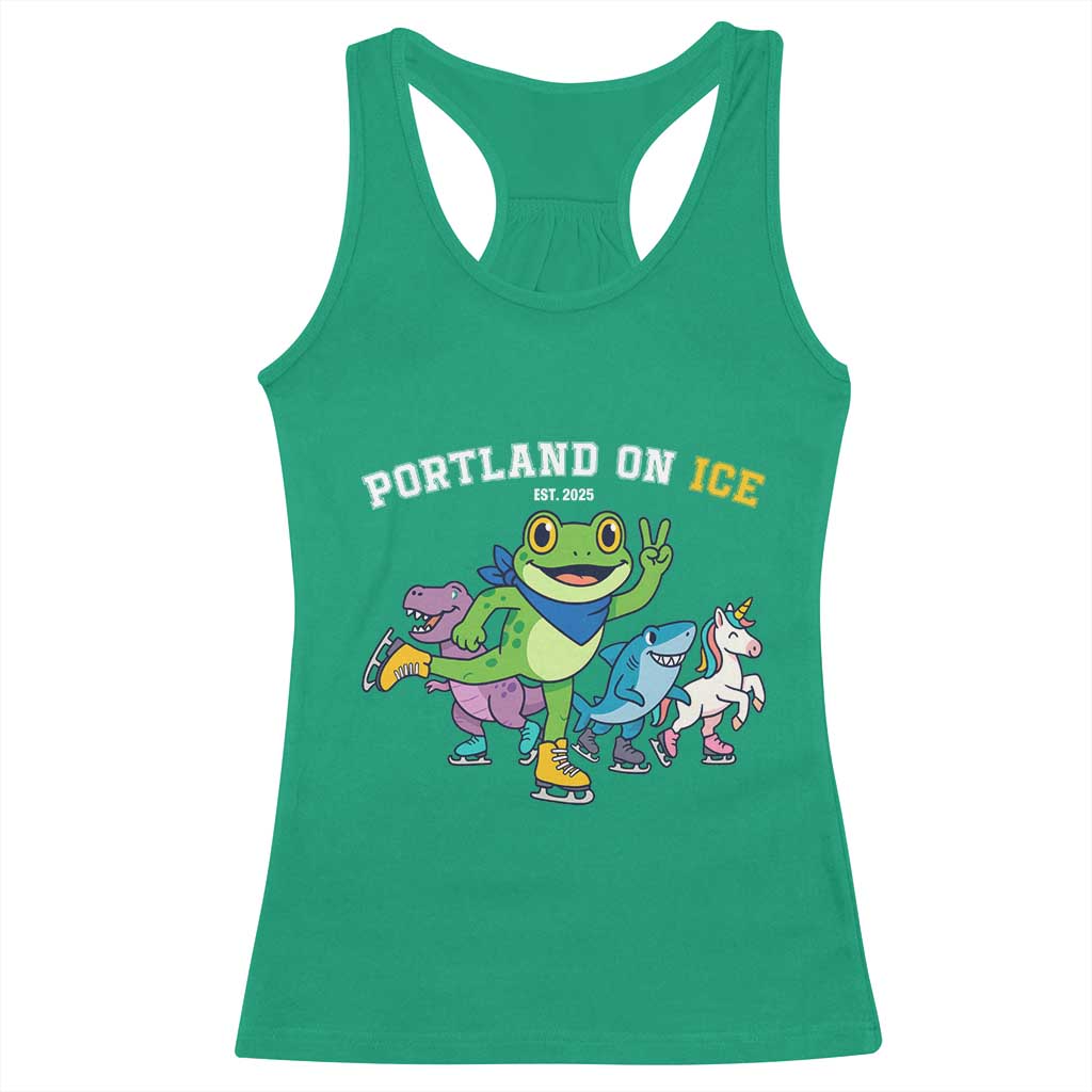 Portland On Ice 2025 Racerback Tank Top Resist Frog and Inflatable Animals Protest Sarcastic Politics TS02 Irish Green Print Your Wear