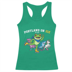 Portland On Ice 2025 Racerback Tank Top Resist Frog and Inflatable Animals Protest Sarcastic Politics TS02 Irish Green Print Your Wear