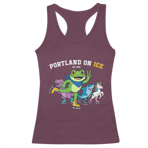 Portland On Ice 2025 Racerback Tank Top Resist Frog and Inflatable Animals Protest Sarcastic Politics TS02 Maroon Print Your Wear