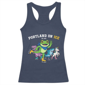 Portland On Ice 2025 Racerback Tank Top Resist Frog and Inflatable Animals Protest Sarcastic Politics TS02 Navy Print Your Wear