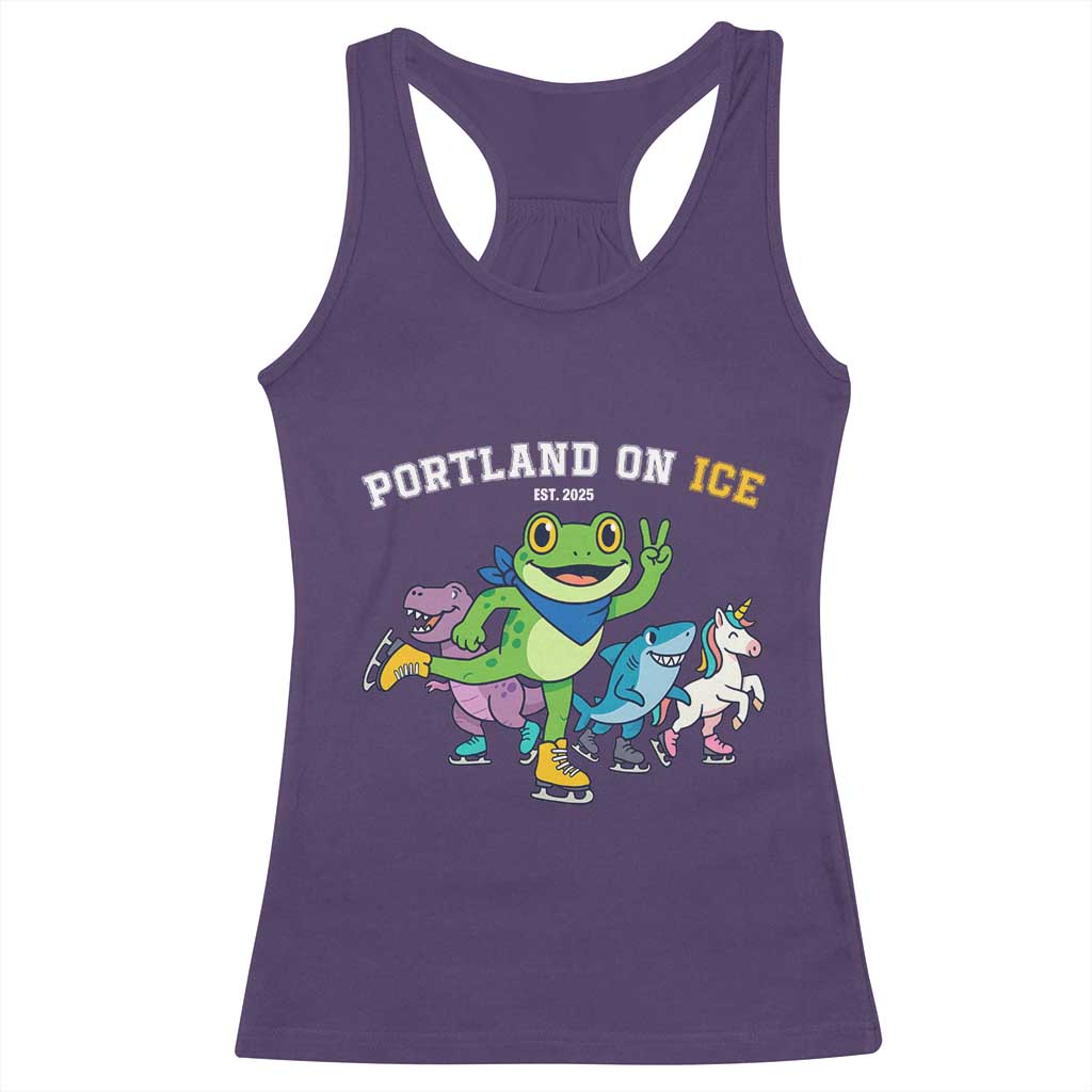Portland On Ice 2025 Racerback Tank Top Resist Frog and Inflatable Animals Protest Sarcastic Politics TS02 Purple Print Your Wear
