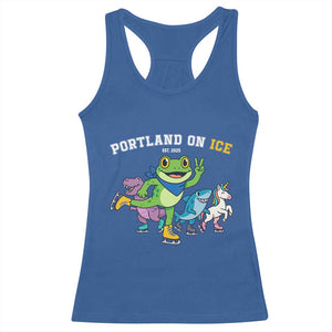 Portland On Ice 2025 Racerback Tank Top Resist Frog and Inflatable Animals Protest Sarcastic Politics TS02 Royal Blue Print Your Wear