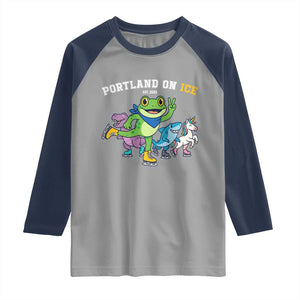Portland On Ice 2025 Raglan Shirt Resist Frog and Inflatable Animals Protest Sarcastic Politics TS02 Sport Gray Navy Print Your Wear