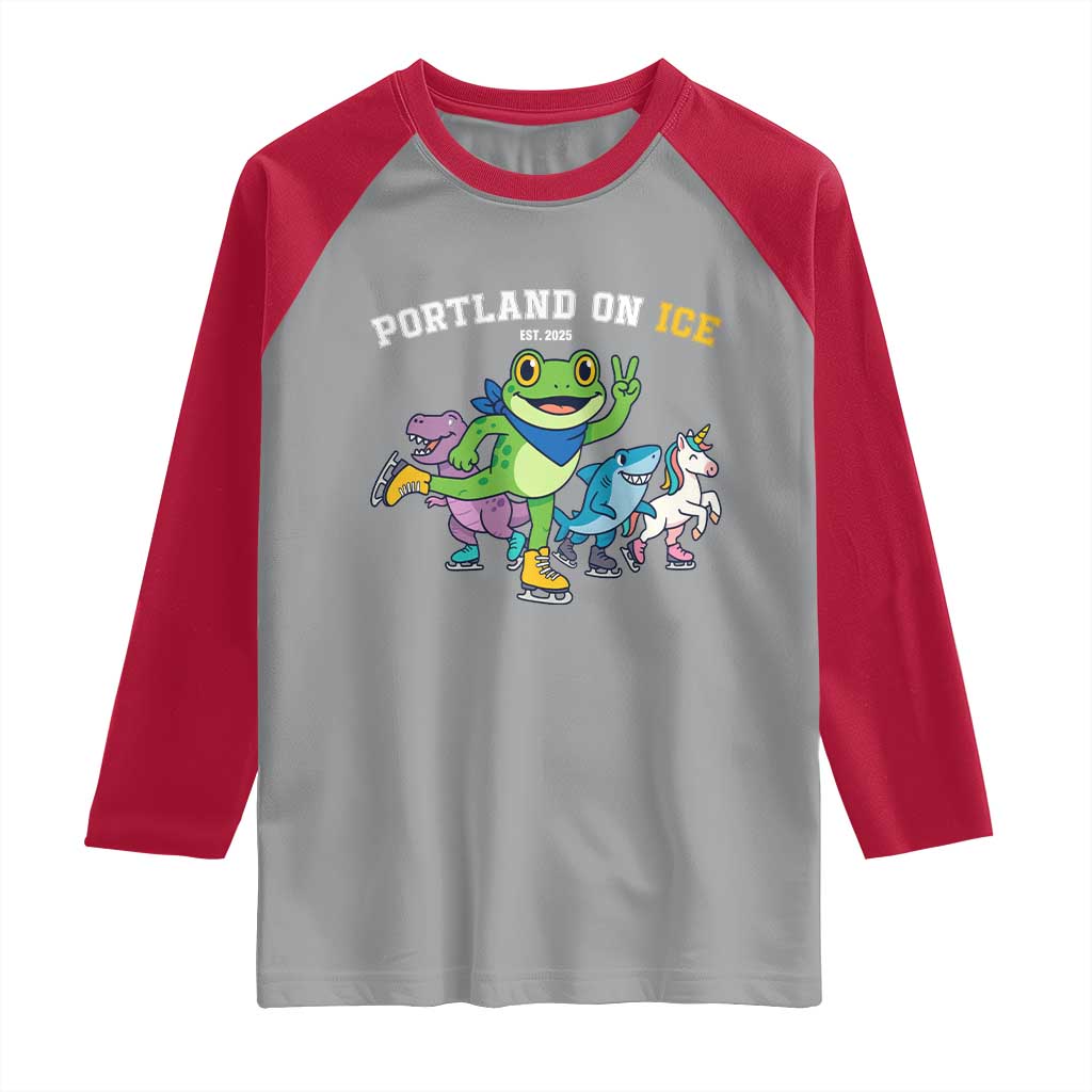 Portland On Ice 2025 Raglan Shirt Resist Frog and Inflatable Animals Protest Sarcastic Politics TS02 Sport Gray Red Print Your Wear