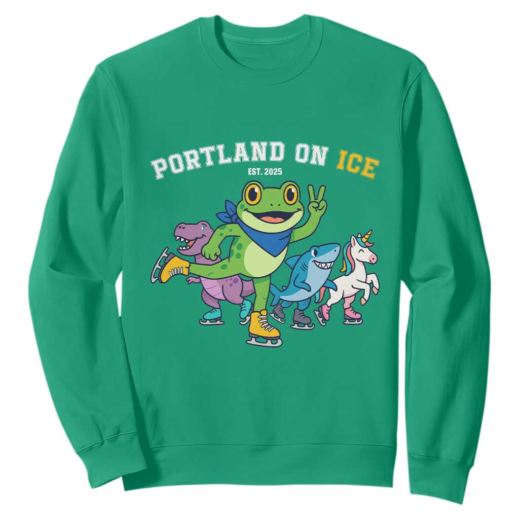 Portland On Ice 2025 Sweatshirt Resist Frog and Inflatable Animals Protest Sarcastic Politics TS02 Irish Green Print Your Wear