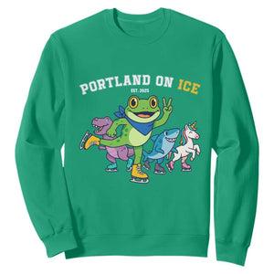Portland On Ice 2025 Sweatshirt Resist Frog and Inflatable Animals Protest Sarcastic Politics TS02 Irish Green Print Your Wear