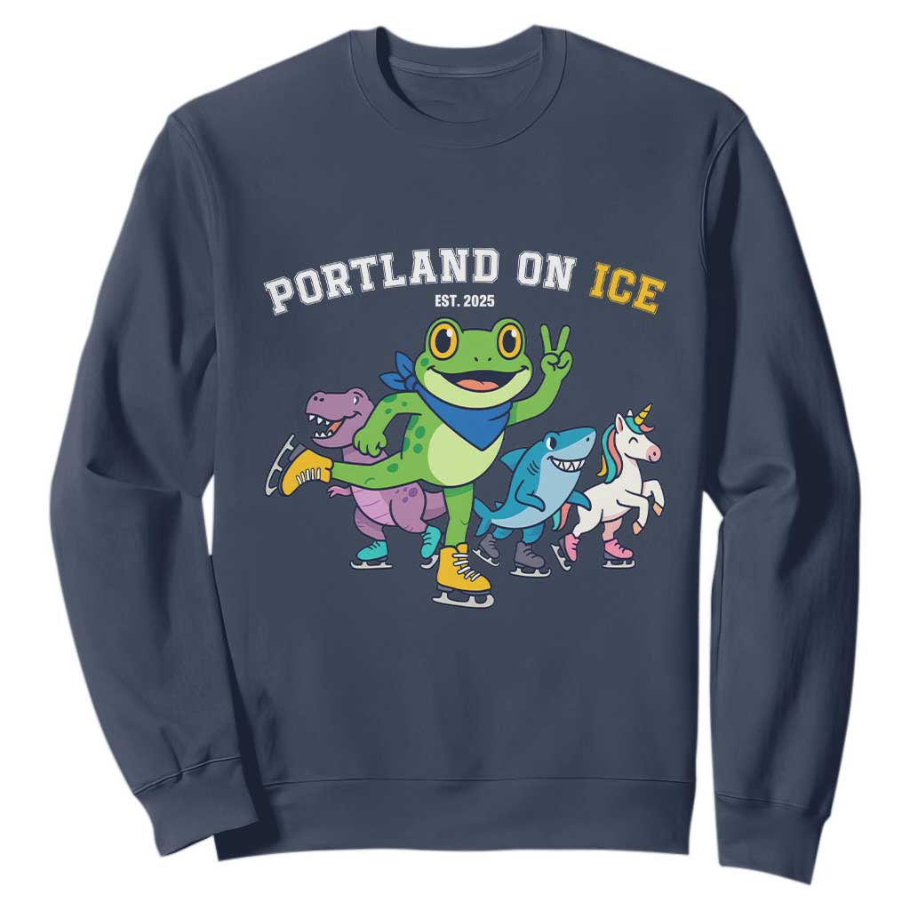 Portland On Ice 2025 Sweatshirt Resist Frog and Inflatable Animals Protest Sarcastic Politics TS02 Navy Print Your Wear