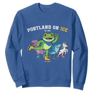Portland On Ice 2025 Sweatshirt Resist Frog and Inflatable Animals Protest Sarcastic Politics TS02 Royal Blue Print Your Wear