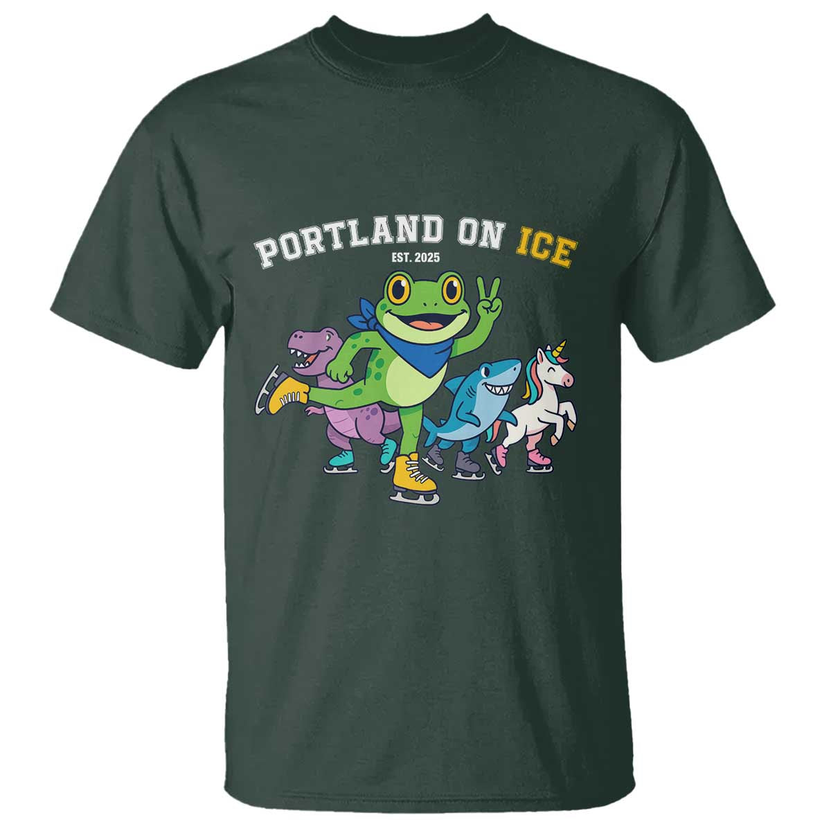 Portland On Ice 2025 T Shirt Resist Frog and Inflatable Animals Protest Sarcastic Politics TS02 Dark Forest Green Print Your Wear