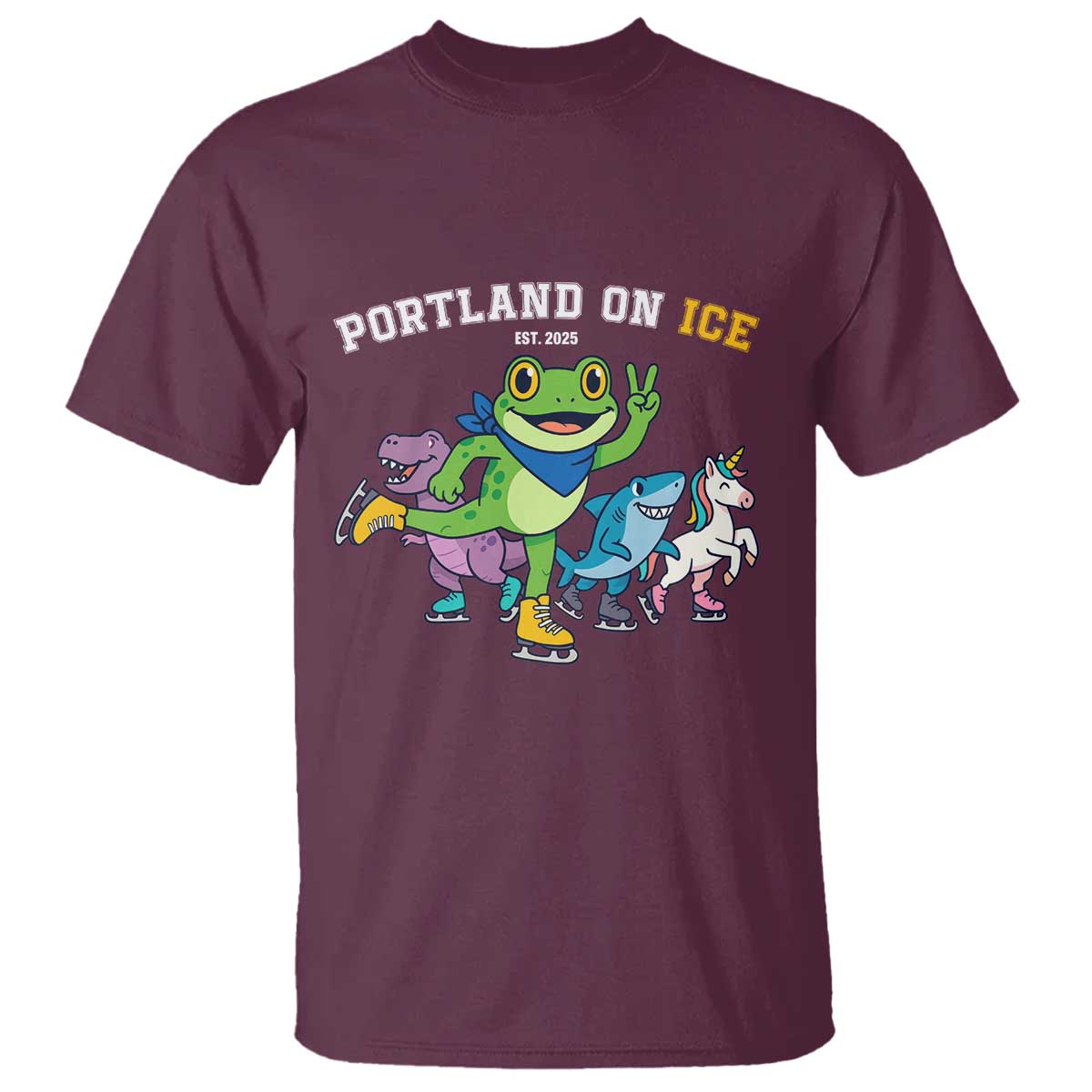 Portland On Ice 2025 T Shirt Resist Frog and Inflatable Animals Protest Sarcastic Politics TS02 Maroon Print Your Wear