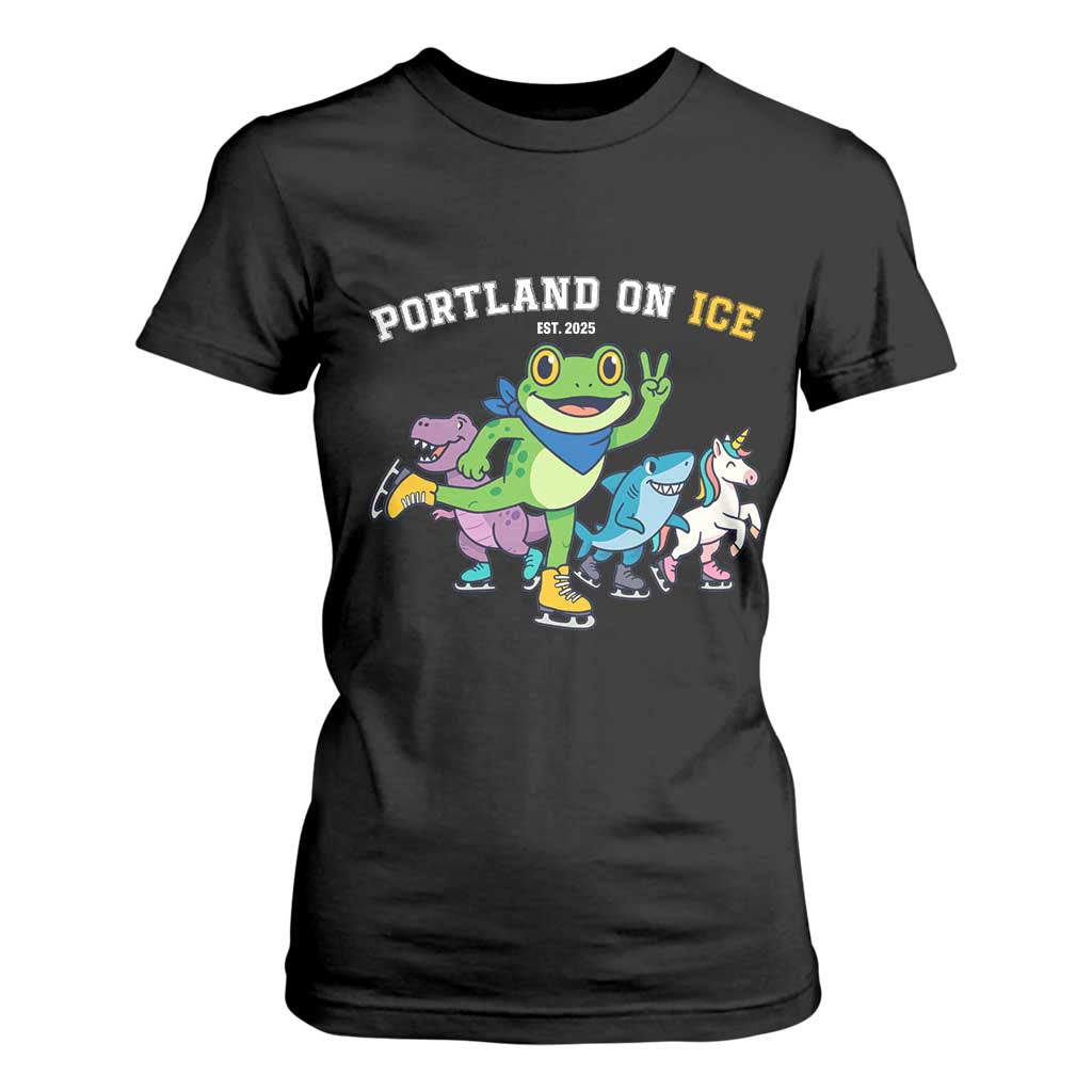 Portland On Ice 2025 T Shirt For Women Resist Frog and Inflatable Animals Protest Sarcastic Politics TS02 Black Print Your Wear
