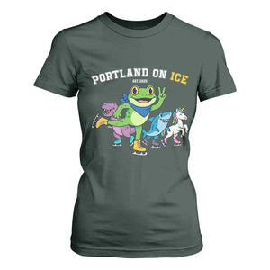 Portland On Ice 2025 T Shirt For Women Resist Frog and Inflatable Animals Protest Sarcastic Politics TS02 Dark Forest Green Print Your Wear