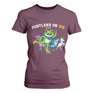 Portland On Ice 2025 T Shirt For Women Resist Frog and Inflatable Animals Protest Sarcastic Politics TS02 Maroon Print Your Wear