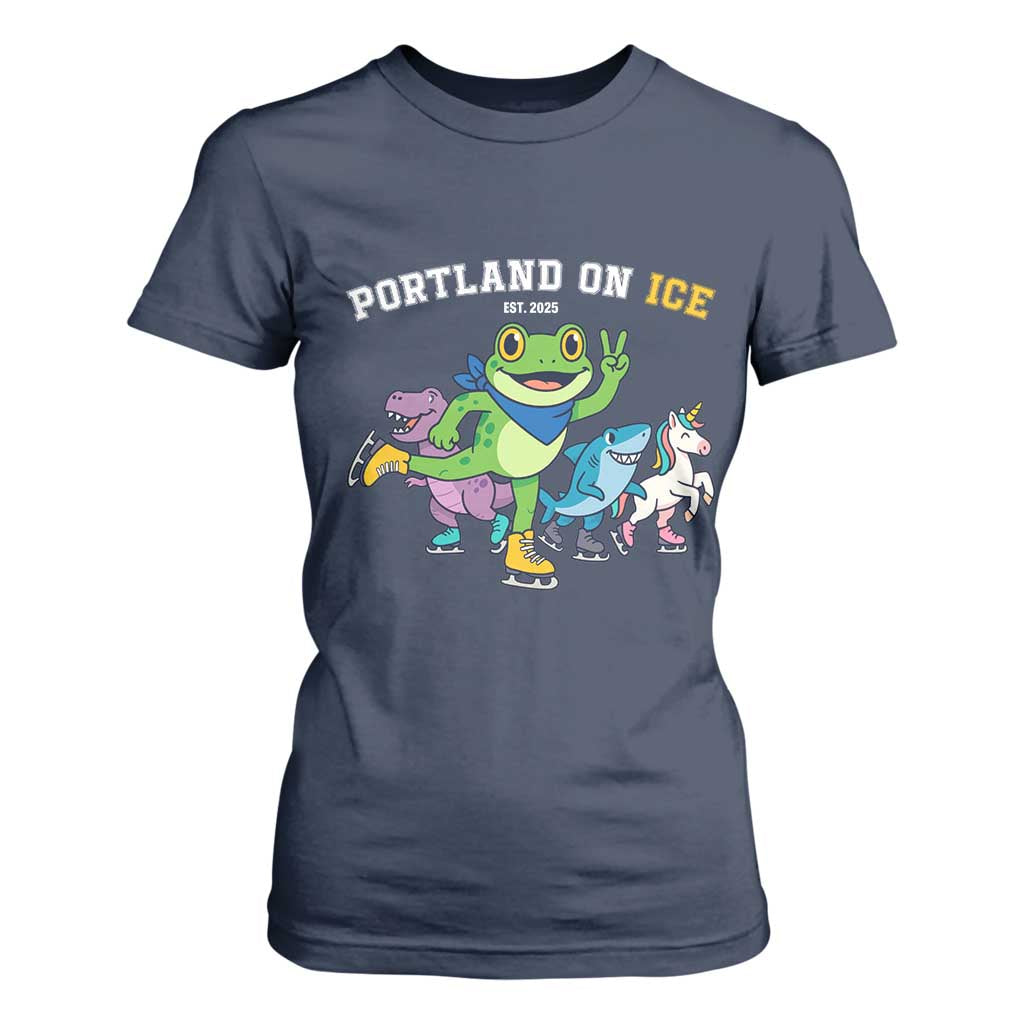 Portland On Ice 2025 T Shirt For Women Resist Frog and Inflatable Animals Protest Sarcastic Politics TS02 Navy Print Your Wear