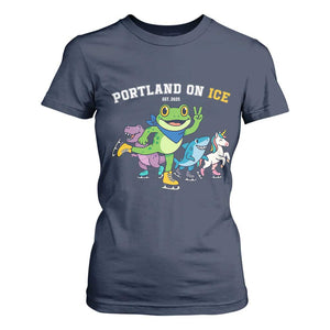 Portland On Ice 2025 T Shirt For Women Resist Frog and Inflatable Animals Protest Sarcastic Politics TS02 Navy Print Your Wear
