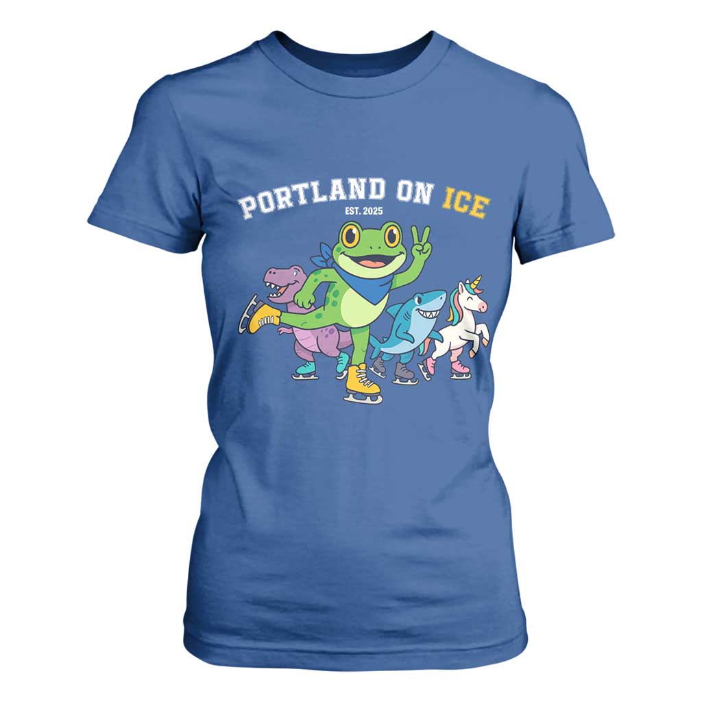 Portland On Ice 2025 T Shirt For Women Resist Frog and Inflatable Animals Protest Sarcastic Politics TS02 Royal Blue Print Your Wear