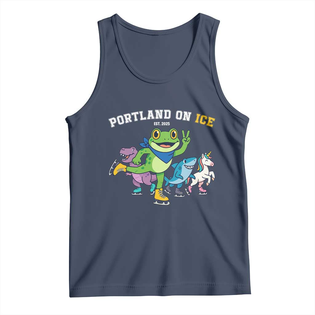 Portland On Ice 2025 Tank Top Resist Frog and Inflatable Animals Protest Sarcastic Politics TS02 Navy Print Your Wear