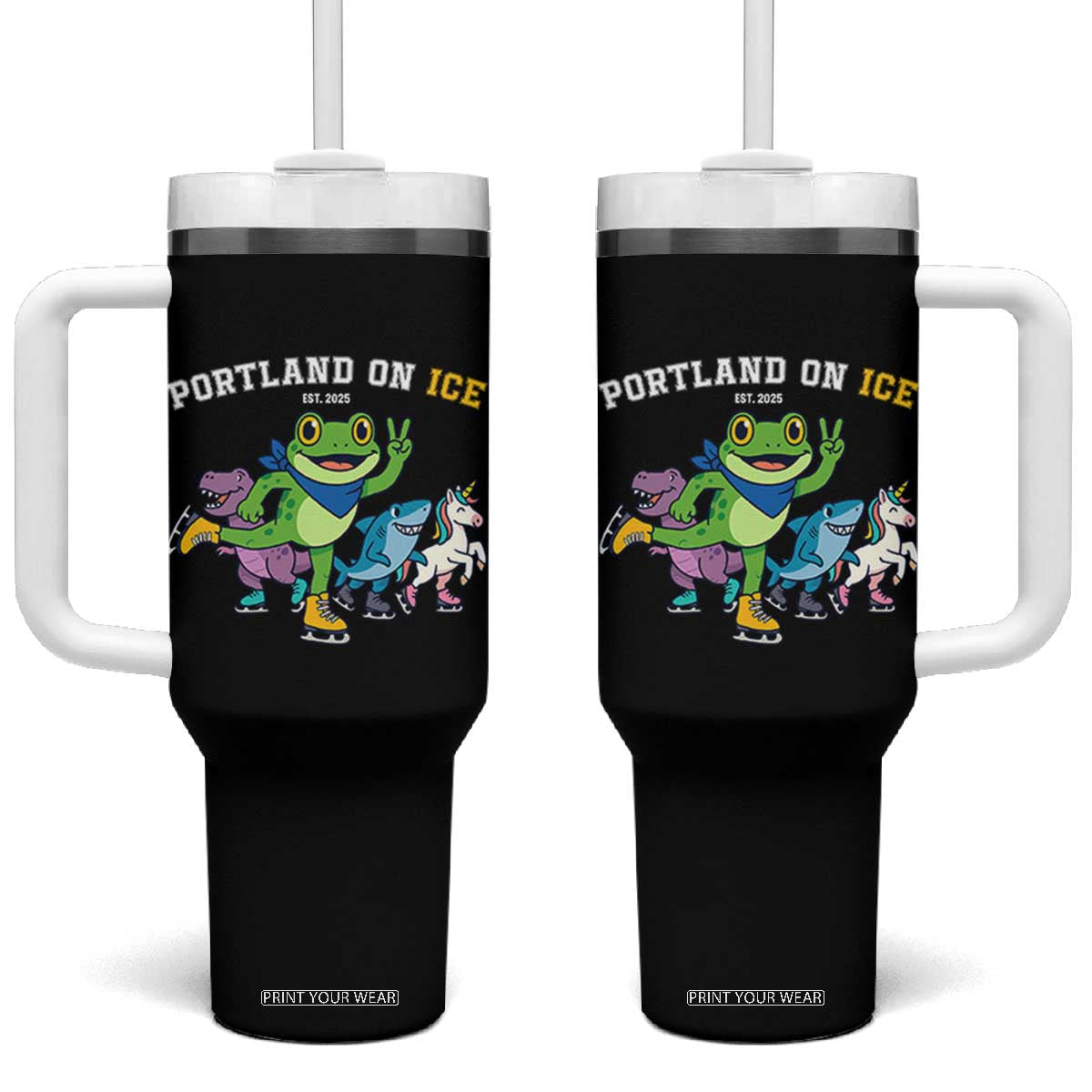 Portland On Ice 2025 Tumbler With Handle Resist Frog and Inflatable Animals Protest Sarcastic Politics TS02 One Size: 40 oz Black Print Your Wear