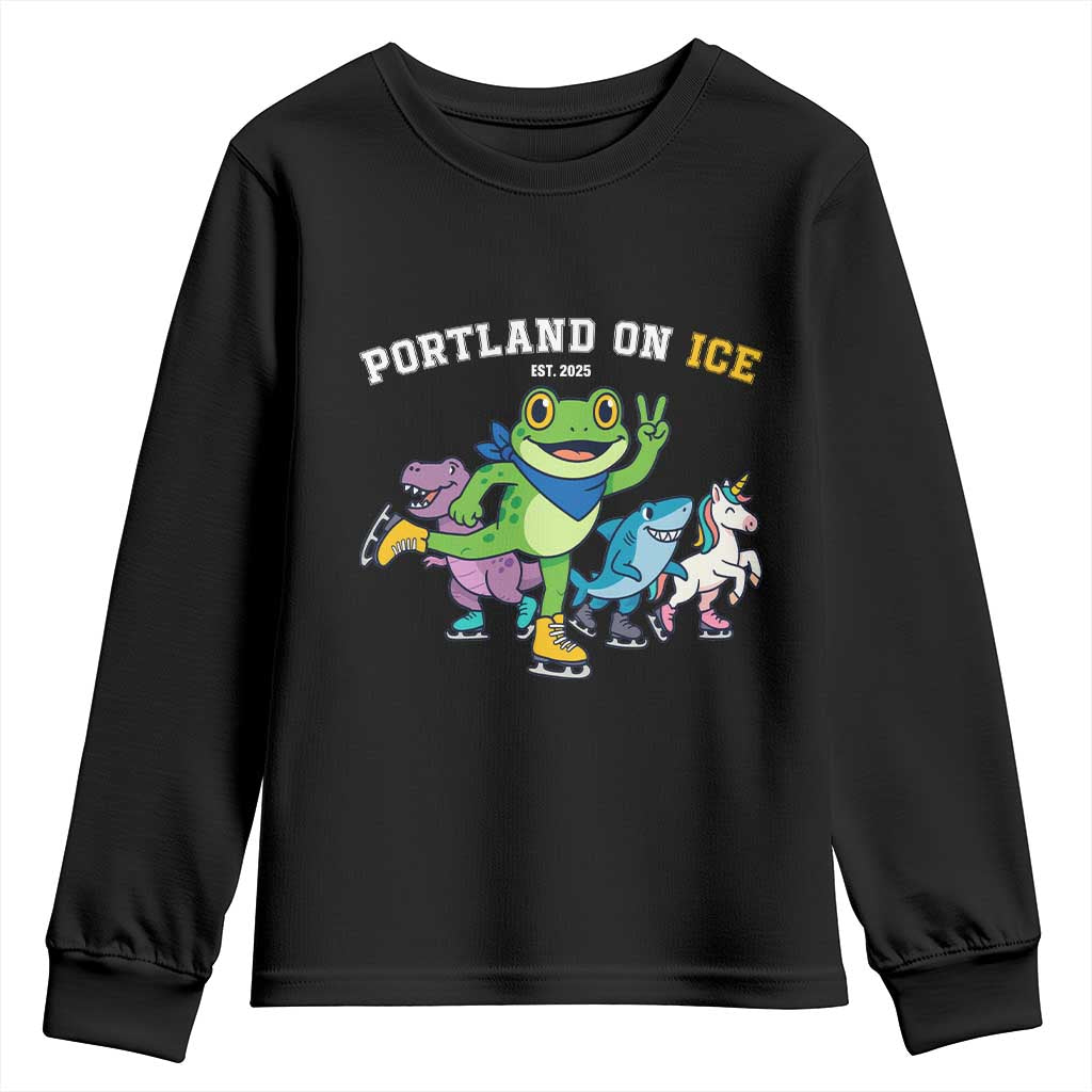 Portland On Ice 2025 Youth Sweatshirt Resist Frog and Inflatable Animals Protest Sarcastic Politics TS02 Black Print Your Wear