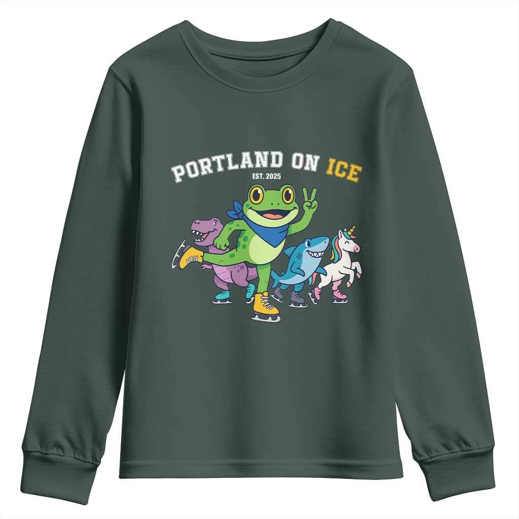 Portland On Ice 2025 Youth Sweatshirt Resist Frog and Inflatable Animals Protest Sarcastic Politics TS02 Dark Forest Green Print Your Wear
