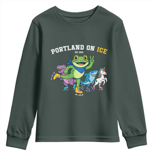 Portland On Ice 2025 Youth Sweatshirt Resist Frog and Inflatable Animals Protest Sarcastic Politics TS02 Dark Forest Green Print Your Wear