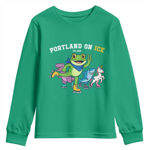 Portland On Ice 2025 Youth Sweatshirt Resist Frog and Inflatable Animals Protest Sarcastic Politics TS02 Irish Green Print Your Wear