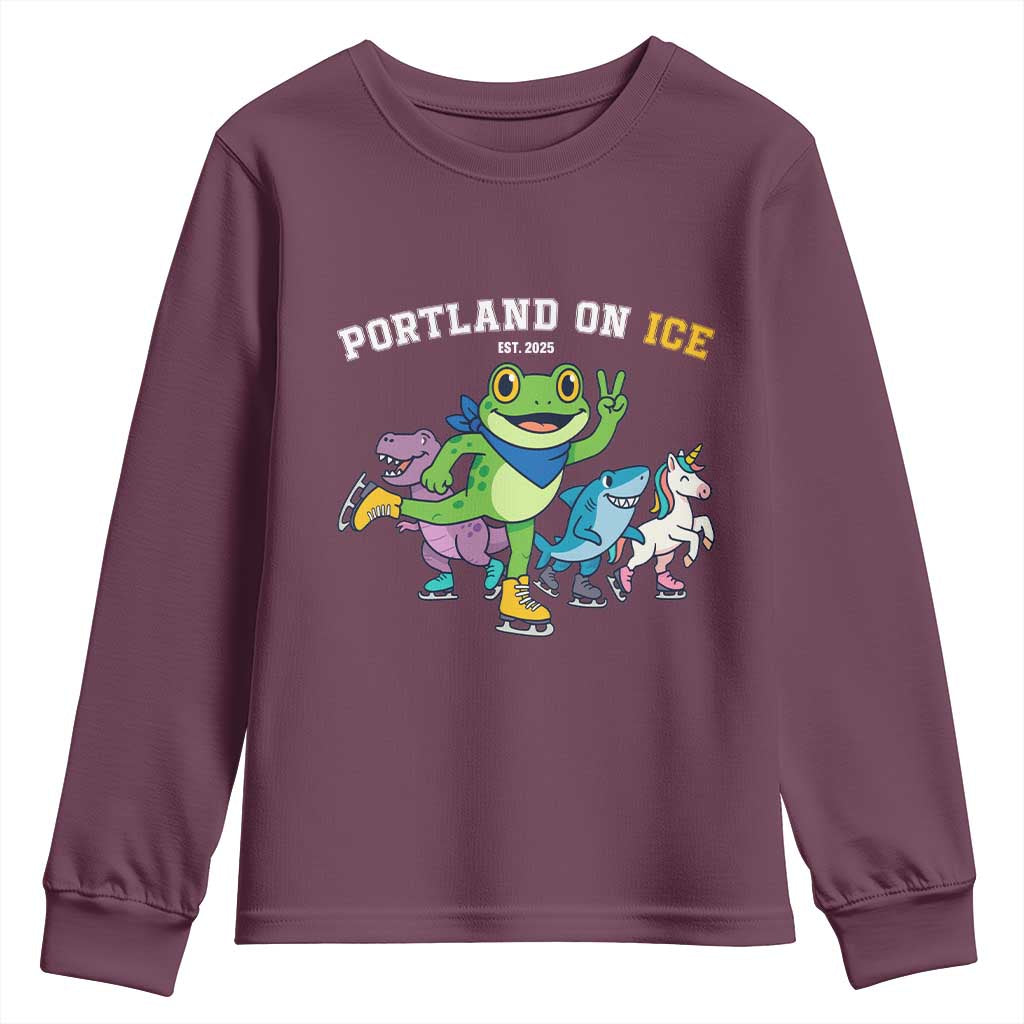 Portland On Ice 2025 Youth Sweatshirt Resist Frog and Inflatable Animals Protest Sarcastic Politics TS02 Maroon Print Your Wear