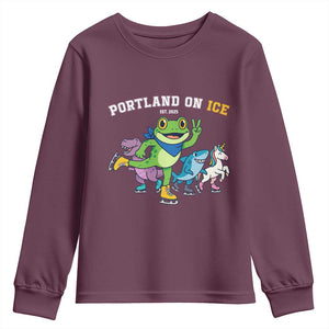 Portland On Ice 2025 Youth Sweatshirt Resist Frog and Inflatable Animals Protest Sarcastic Politics TS02 Maroon Print Your Wear