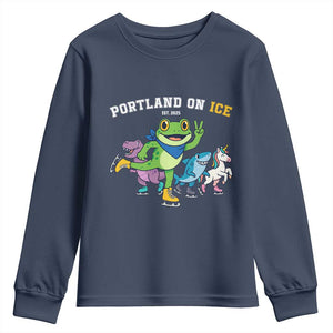 Portland On Ice 2025 Youth Sweatshirt Resist Frog and Inflatable Animals Protest Sarcastic Politics TS02 Navy Print Your Wear
