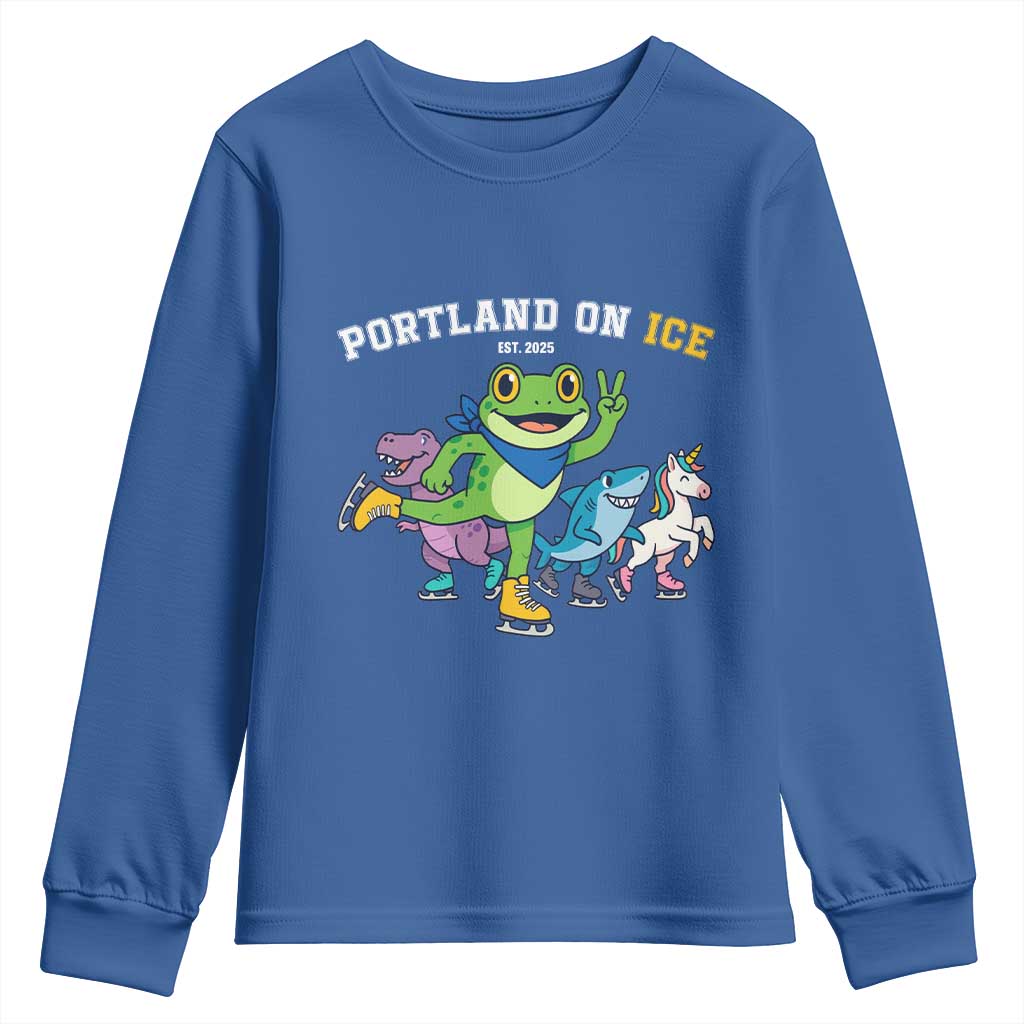 Portland On Ice 2025 Youth Sweatshirt Resist Frog and Inflatable Animals Protest Sarcastic Politics TS02 Royal Blue Print Your Wear