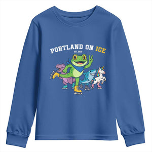 Portland On Ice 2025 Youth Sweatshirt Resist Frog and Inflatable Animals Protest Sarcastic Politics TS02 Royal Blue Print Your Wear