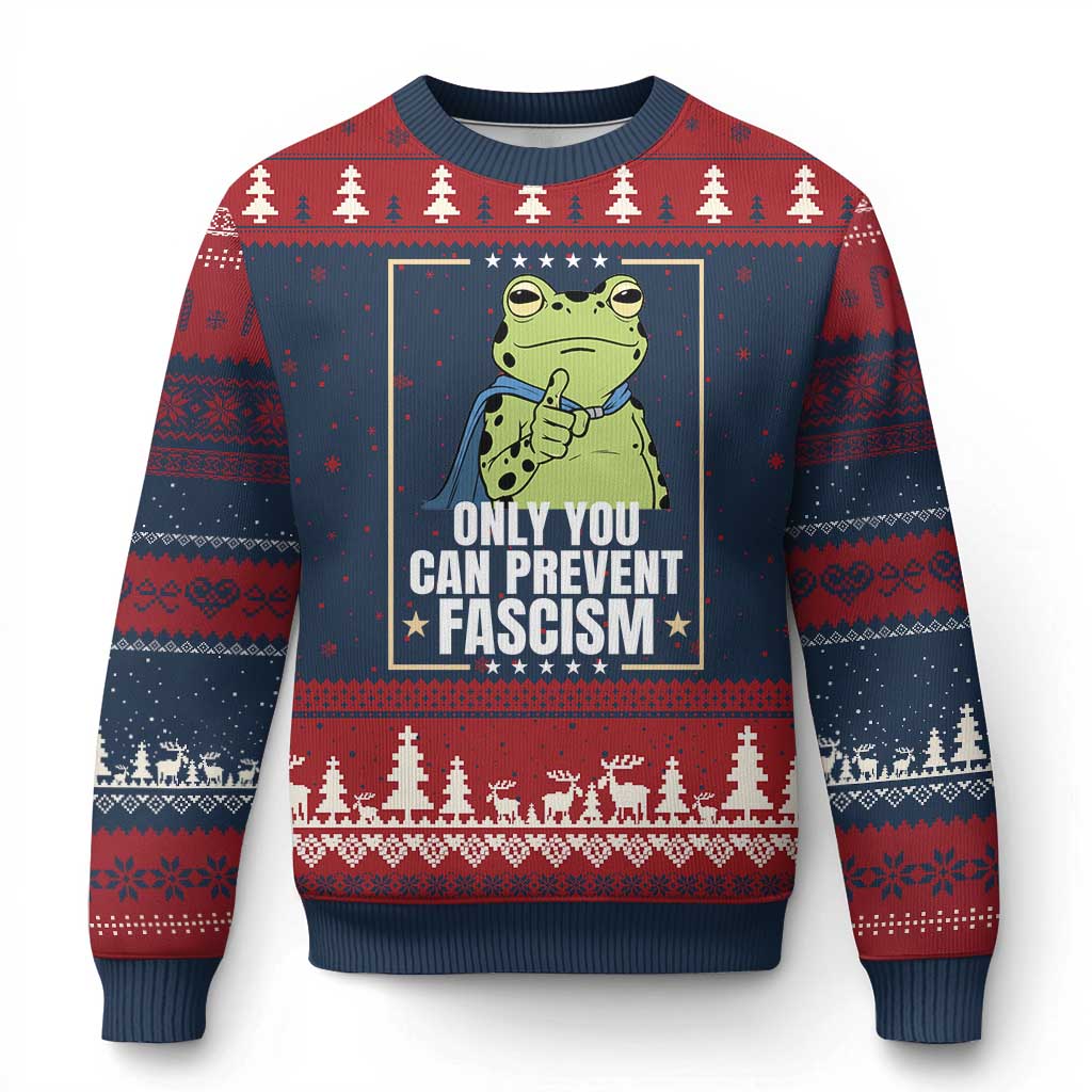 Only You Can Prevent Fascism Patriotic Frog Ugly Christmas Sweater Resist Protest Poster TS02 Navy Red Print Your Wear