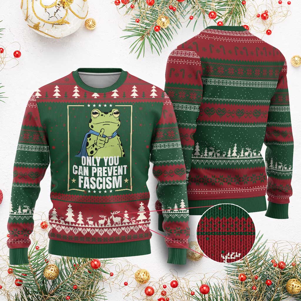 Only You Can Prevent Fascism Patriotic Frog Ugly Christmas Sweater Resist Protest Poster TS02 Red Green Print Your Wear