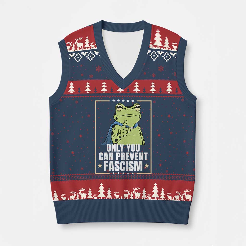 Only You Can Prevent Fascism Patriotic Frog V-Neck Knit Sweater Vest Resist Protest Poster - Print Your Wear