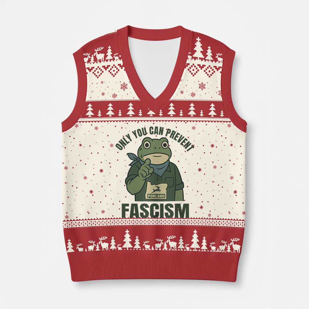 Only You Can Prevent Fascism Portland Frog V-Neck Knit Sweater Vest Resist Protest Forest Ranger - Print Your Wear