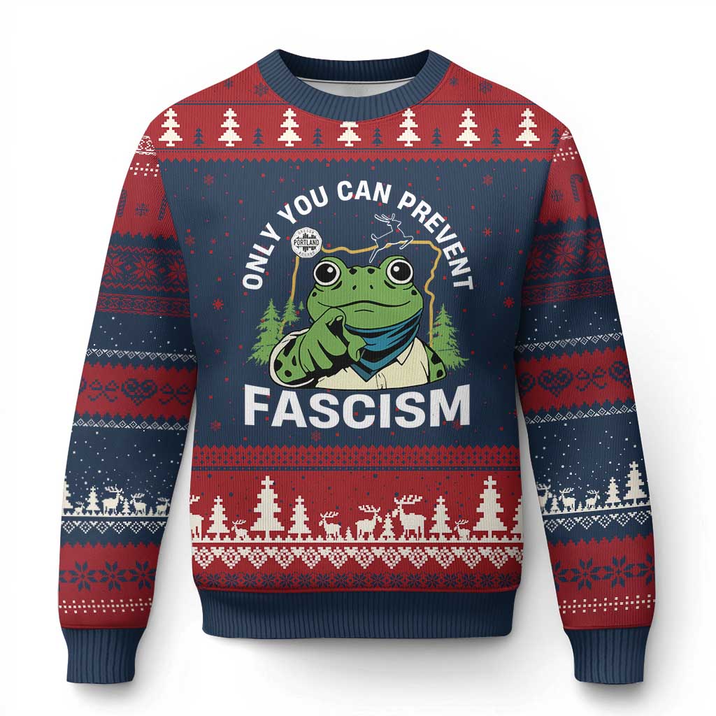 Only You Can Prevent Fascism Portland Frog Ugly Christmas Sweater Resist Protest Scenic Edition TS02 Navy Red Print Your Wear