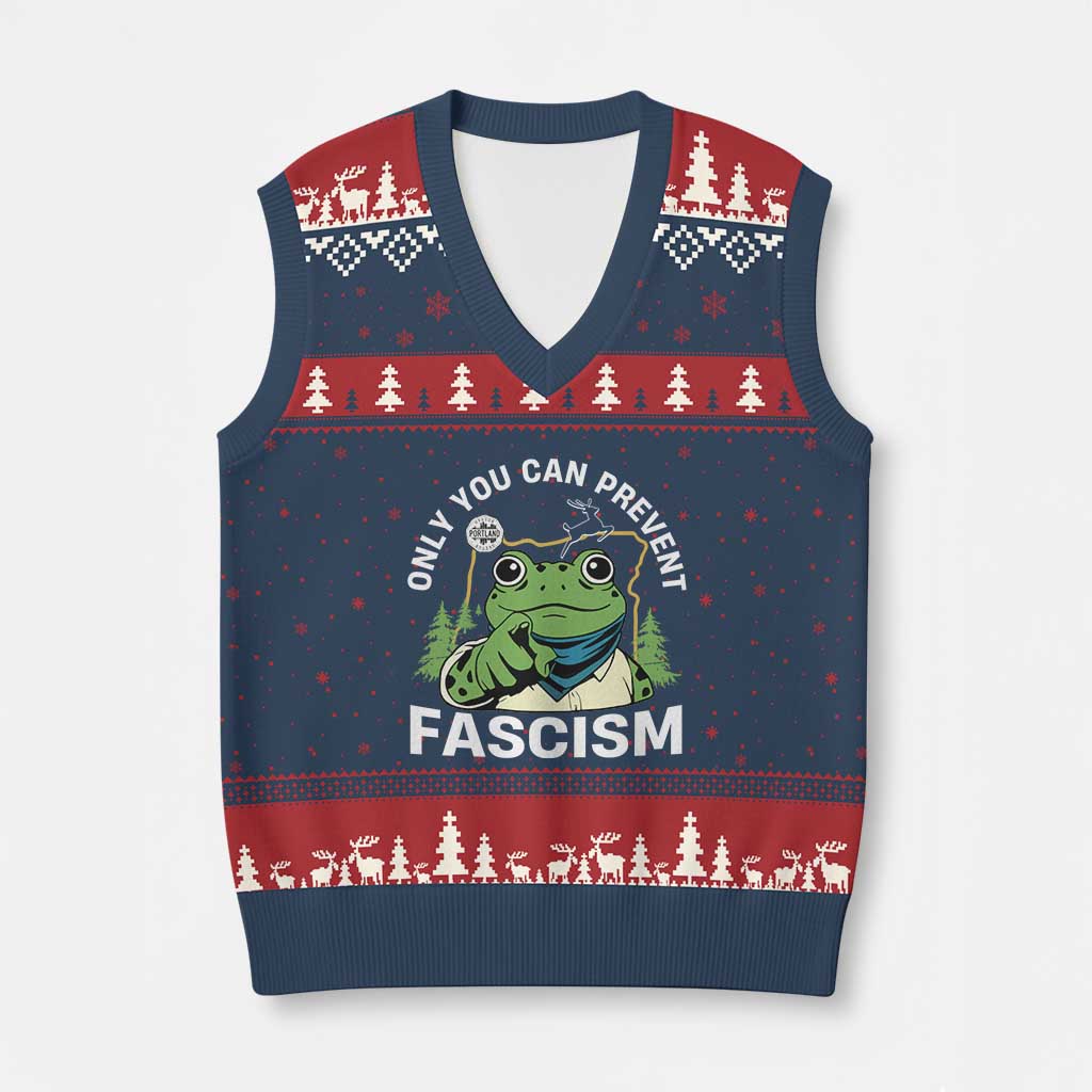 Only You Can Prevent Fascism Portland Frog V-Neck Knit Sweater Vest Resist Protest Scenic Edition TS02 Navy Red Print Your Wear