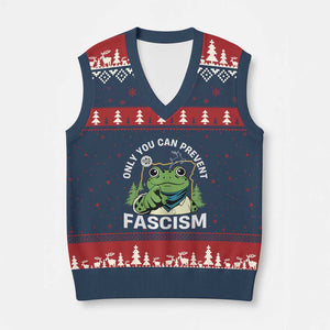 Only You Can Prevent Fascism Portland Frog V-Neck Knit Sweater Vest Resist Protest Scenic Edition TS02 Navy Red Print Your Wear