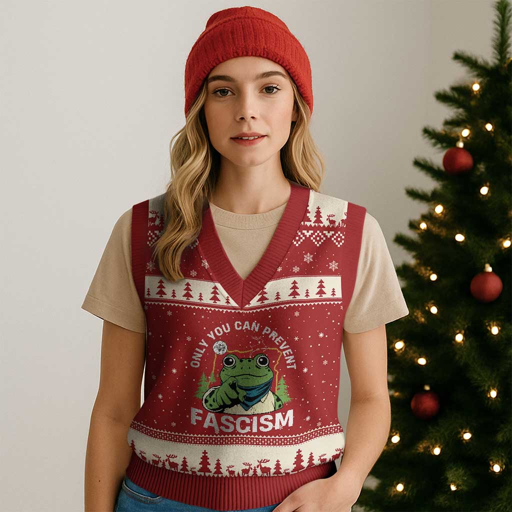 Only You Can Prevent Fascism Portland Frog V-Neck Knit Sweater Vest Resist Protest Scenic Edition TS02 Red Beige Print Your Wear