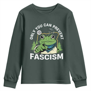Only You Can Prevent Fascism Portland Frog Youth Sweatshirt Resist Protest Scenic Edition TS02 Dark Forest Green Print Your Wear