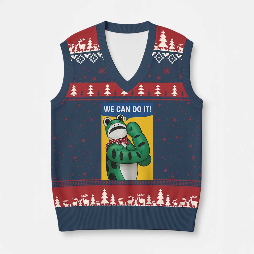We Can Do It Rosie Frog V-Neck Knit Sweater Vest Resist Protest Parody Feminist Retro Poster TS02 Navy Red Print Your Wear