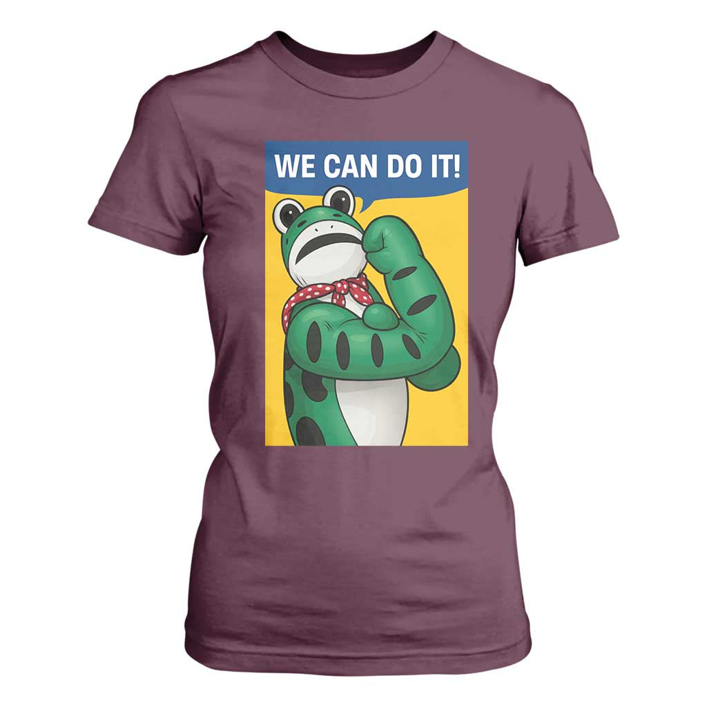 We Can Do It Rosie Frog T Shirt For Women Resist Protest Parody Feminist Retro Poster TS02 Maroon Print Your Wear