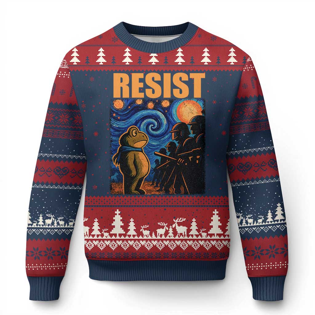 Starry Night Resist Frog Ugly Christmas Sweater Resistance Protest Surreal Art Graphic TS02 Navy Red Print Your Wear