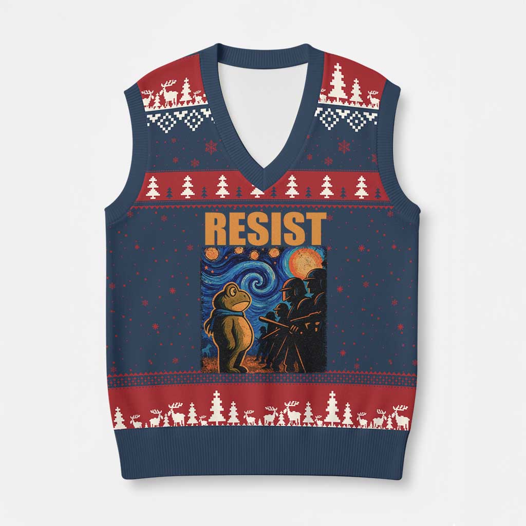 Starry Night Resist Frog V-Neck Knit Sweater Vest Resistance Protest Surreal Art Graphic TS02 Navy Red Print Your Wear