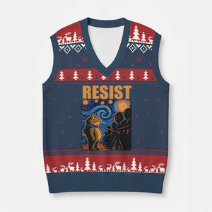 Starry Night Resist Frog V-Neck Knit Sweater Vest Resistance Protest Surreal Art Graphic - Print Your Wear